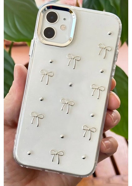 Apple iPhone 11 Kılıf Fiyonk Desenli Şeffaf Simli Gümüş Kamera Çıkıntılı Parlak Kapak