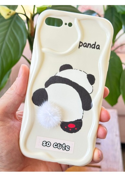 Apple iPhone 7/8 Plus Uyumlu Kılıf Tasarımlı Desenli Kamera Korumalı Panda Beyaz Püsküllü Silikon Kapak