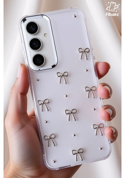 Samsung Galaxy S21 Fe Uyumlu Kılıf Fiyonk Desenli Şeffaf Simli Gümüş Kamera Çıkıntılı Parlak Kapak