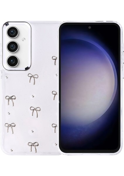 Samsung Galaxy S21 Fe Uyumlu Kılıf Fiyonk Desenli Şeffaf Simli Gümüş Kamera Çıkıntılı Parlak Kapak