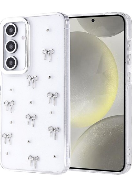 Samsung Galaxy S21 Fe Uyumlu Kılıf Fiyonk Desenli Şeffaf Simli Gümüş Kamera Çıkıntılı Parlak Kapak