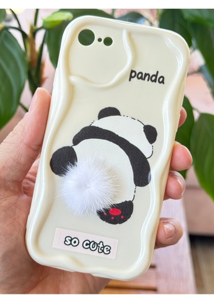 Apple iPhone 7/8/SE20/SE22 Kılıf Tasarımlı Desenli Kamera Korumalı Panda Beyaz Püsküllü Silikon Kapak