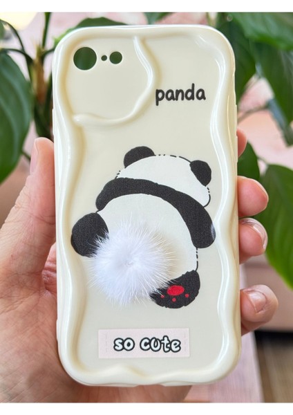 Apple iPhone 7/8/SE20/SE22 Kılıf Tasarımlı Desenli Kamera Korumalı Panda Beyaz Püsküllü Silikon Kapak