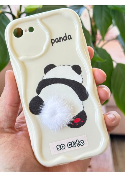 Apple iPhone 7/8/SE20/SE22 Kılıf Tasarımlı Desenli Kamera Korumalı Panda Beyaz Püsküllü Silikon Kapak