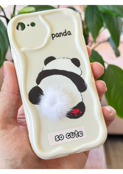 Apple iPhone 7/8/SE20/SE22 Kılıf Tasarımlı Desenli Kamera Korumalı Panda Beyaz Püsküllü Silikon Kapak