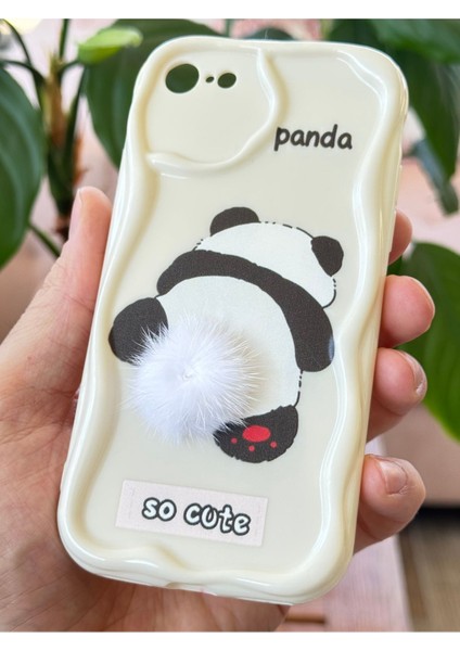Apple iPhone 7/8/SE20/SE22 Kılıf Tasarımlı Desenli Kamera Korumalı Panda Beyaz Püsküllü Silikon Kapak