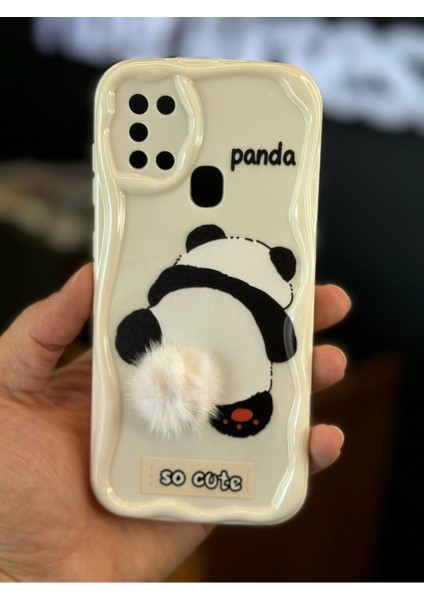 Samsung Galaxy A21S Uyumlu Kılıf Tasarımlı Desenli Kamera Korumalı Panda Beyaz Püsküllü Silikon Kapak