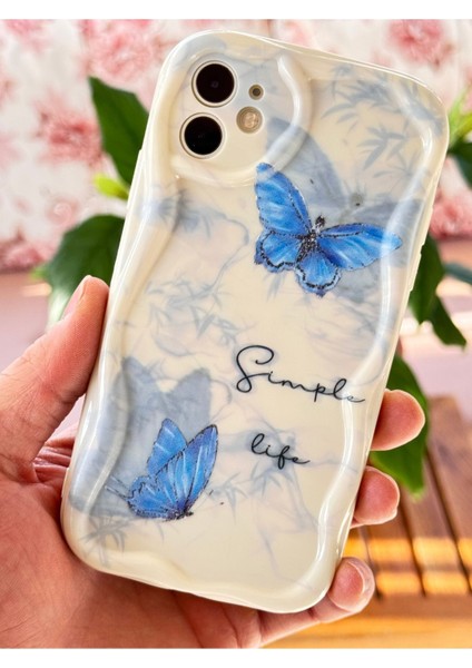 Apple iPhone 11 Kılıf Kamera Korumalı Silikon Mavi Kelebek Desenli Dalga Kenarlı Kapak