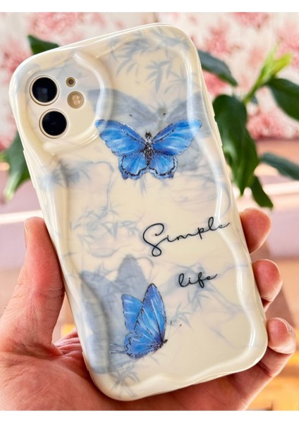 Apple iPhone 11 Kılıf Kamera Korumalı Silikon Mavi Kelebek Desenli Dalga Kenarlı Kapak