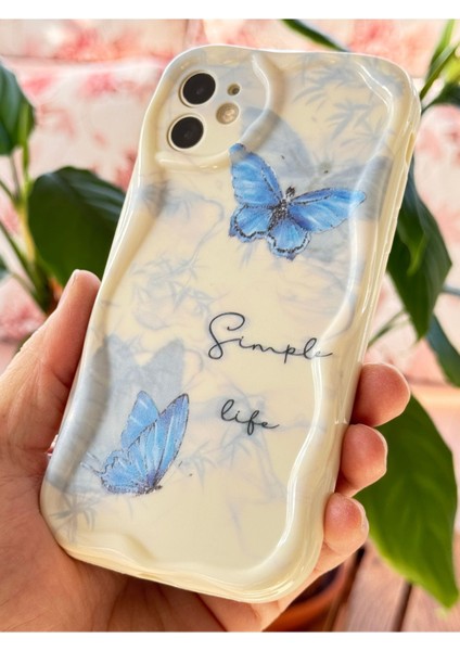 Apple iPhone 11 Kılıf Kamera Korumalı Silikon Mavi Kelebek Desenli Dalga Kenarlı Kapak