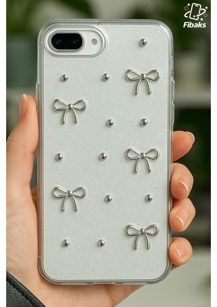 Apple iPhone 7 / 8 Plus Kılıf Fiyonk Desenli Şeffaf Simli Gümüş Kamera Çıkıntılı Parlak Kapak