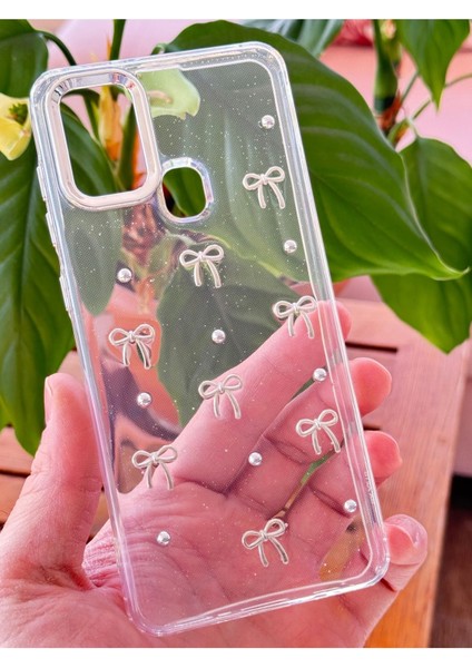 Samsung Galaxy A21S Kılıf Fiyonk Desenli Şeffaf Simli Gümüş Kamera Çıkıntılı Parlak Kapak fiyatları
