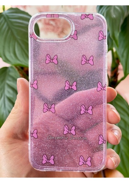 Apple iPhone 16E Uyumlu Kılıf Mor Simli Fiyonk Desenli Renkli Parlak Darbe Emici Kapak fiyatları