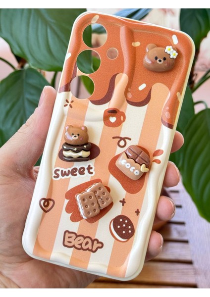 Samsung Galaxy S23 Fe Kılıf Tasarımlı Desenli Kamera Korumalı Ayıcık Bisküvi Renkli Cofffe Silikon Kapak