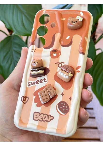Samsung Galaxy S23 Fe Kılıf Tasarımlı Desenli Kamera Korumalı Ayıcık Bisküvi Renkli Cofffe Silikon Kapak