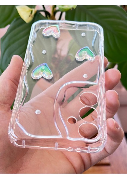 Samsung Galaxy S23 Fe Kılıf 3D Kalpli Inci Tasarımlı Desenli Kamera Korumalı Şeffaf Silikon Kapak