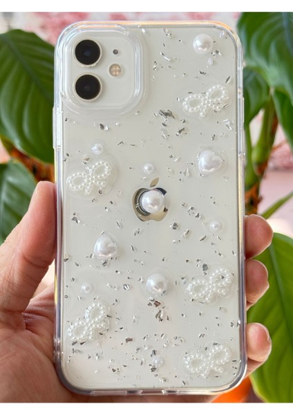 Apple iPhone 11 Kılıf Fiyonk ve Inci Desenli Şeffaf Simli Kamera Çıkıntılı Parlak Kapak