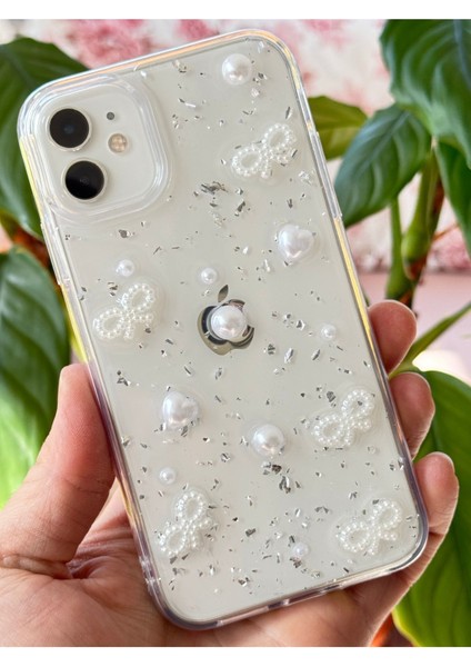 Apple iPhone 11 Kılıf Fiyonk ve Inci Desenli Şeffaf Simli Kamera Çıkıntılı Parlak Kapak