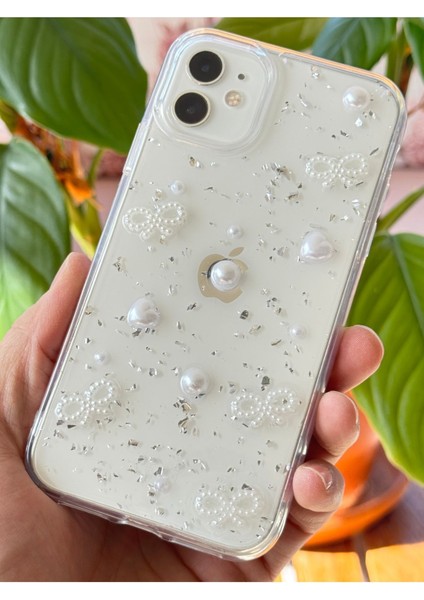 Apple iPhone 11 Kılıf Fiyonk ve Inci Desenli Şeffaf Simli Kamera Çıkıntılı Parlak Kapak