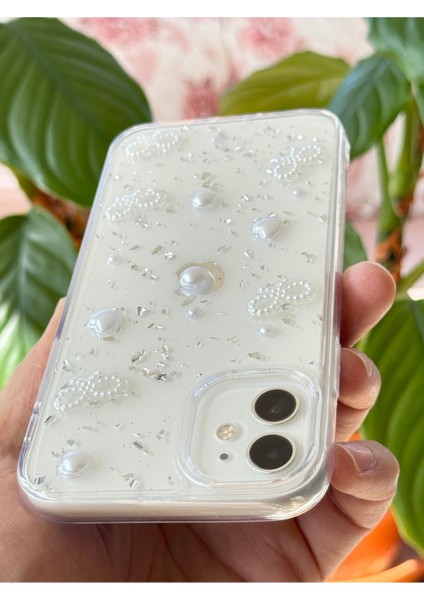 Apple iPhone 11 Kılıf Fiyonk ve Inci Desenli Şeffaf Simli Kamera Çıkıntılı Parlak Kapak