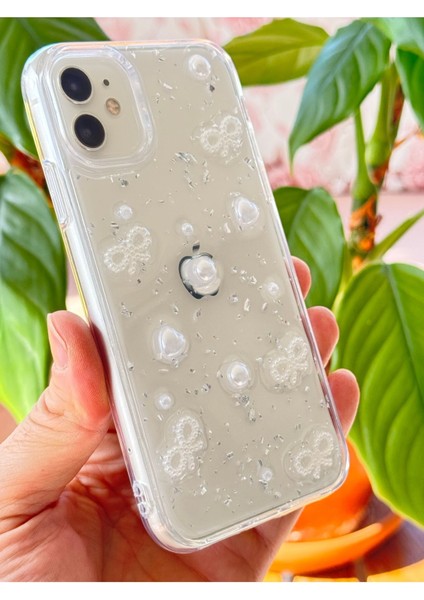 Apple iPhone 11 Kılıf Fiyonk ve Inci Desenli Şeffaf Simli Kamera Çıkıntılı Parlak Kapak