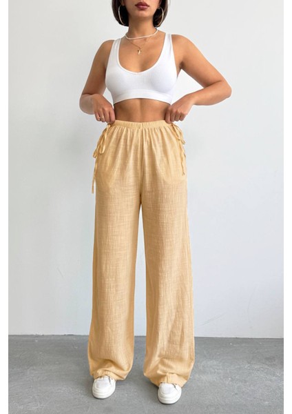 Nuray Model Yazlık %100 Keten Bol Paça Yandan Bağcıklı Pantolon