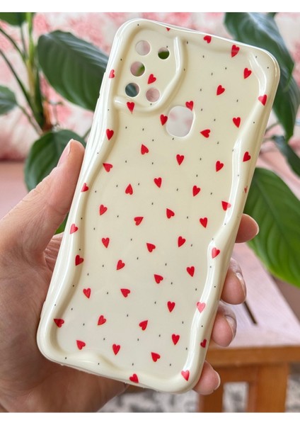 Samsung Galaxy A21S Kılıf Kamera Korumalı Dalga Kenarlı Kırmızı Kalp Desenli Silikon Kapak