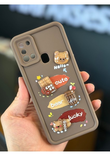 Samsung Galaxy A21S Uyumlu Kılıf Tasarımlı Desenli Kamera Korumalı Ayıcık Kahve Renkli Yumuşak Silikon Kapak fiyatları