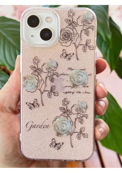 Apple iPhone 13/14 Uyumlu Kılıf Simli Beyaz Gül Desenli Renkli Parlak Darbe Emici Kapak modelleri