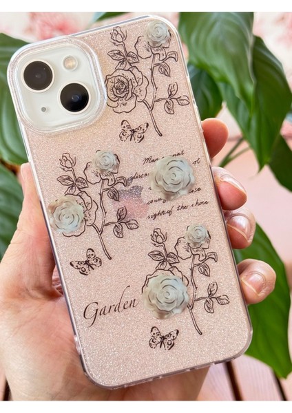 Apple iPhone 13/14 Uyumlu Kılıf Simli Beyaz Gül Desenli Renkli Parlak Darbe Emici Kapak fırsatları