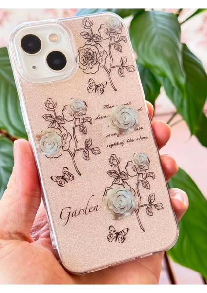 Apple iPhone 13/14 Uyumlu Kılıf Simli Beyaz Gül Desenli Renkli Parlak Darbe Emici Kapak indirimleri