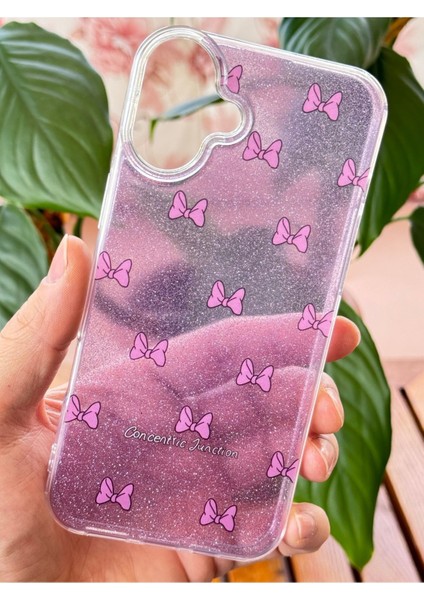 Apple iPhone 16 Plus Uyumlu Kılıf Mor Simli Fiyonk Desenli Renkli Parlak Darbe Emici Kapak