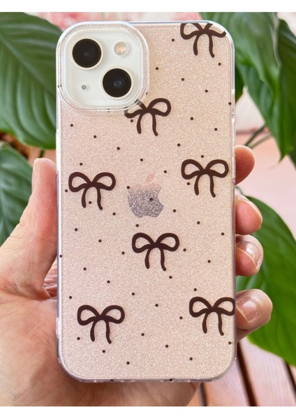 Apple iPhone 14 Plus Uyumlu Kılıf Simli Siyah Fiyonk Desenli Renkli Parlak Darbe Emici Kapak fırsatları