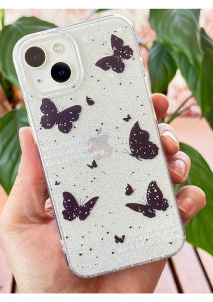 Apple iPhone 14 Plus Uyumlu Kılıf Simli Siyah Kelebek Desenli Renkli Parlak Darbe Emici Kapak