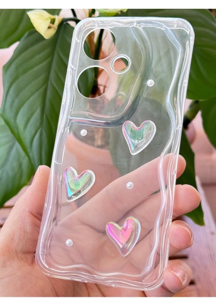 Oppo Reno 11F Kılıf 3D Kalpli Inci Tasarımlı Desenli Kamera Korumalı Şeffaf Silikon Kapak