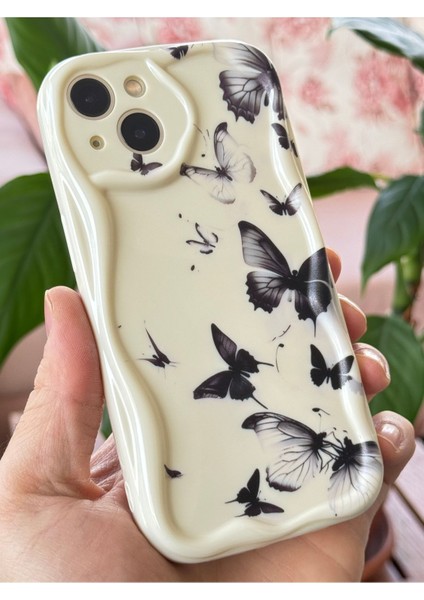 Apple iPhone 13 Kılıf Kamera Korumalı Silikon Siyah Kelebek Desenli Dalga Kenarlı Kapak indirimleri
