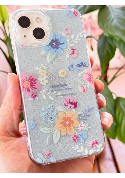 Apple iPhone 13/14 Uyumlu Kılıf Mavi Simli Çiçek Desenli Renkli Parlak Darbe Emici Kapak modelleri