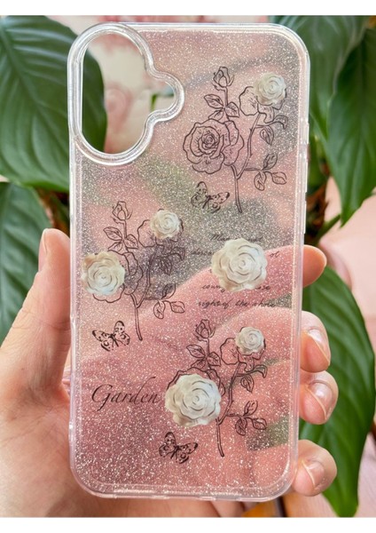 Apple iPhone 16 Plus Uyumlu Kılıf Simli Beyaz Gül Desenli Renkli Parlak Darbe Emici Kapak fiyatları