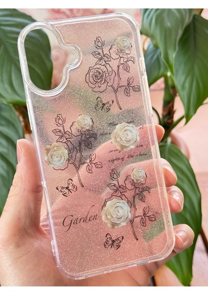 Apple iPhone 16 Plus Uyumlu Kılıf Simli Beyaz Gül Desenli Renkli Parlak Darbe Emici Kapak modelleri