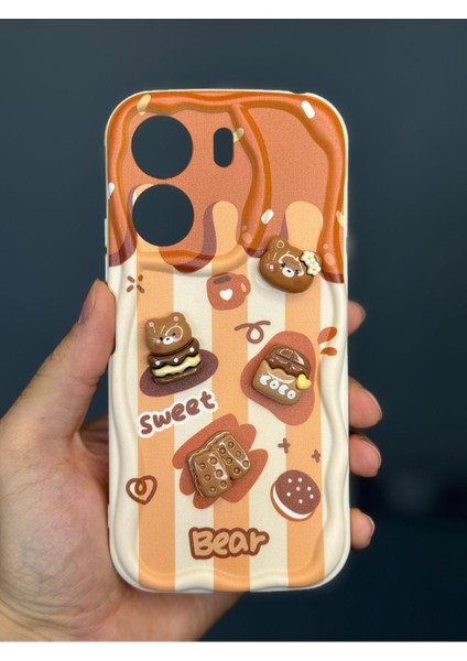 Poco C65 Uyumlu Kılıf Tasarımlı Desenli Kamera Korumalı Ayıcık Bisküvi Renkli Cofffe Silikon Kapak