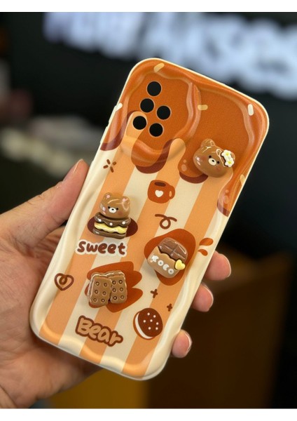 Samsung Galaxy A51 Uyumlu Kılıf Tasarımlı Desenli Kamera Korumalı Ayıcık Bisküvi Renkli Cofffe Silikon Kapak