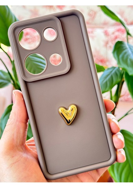 Xiaomi Redmi Note 13 Pro 4g Kılıf 3D Kalp Tasarımlı Kahverengi Desenli Yumuşak Kamera Korumalı Kapak
