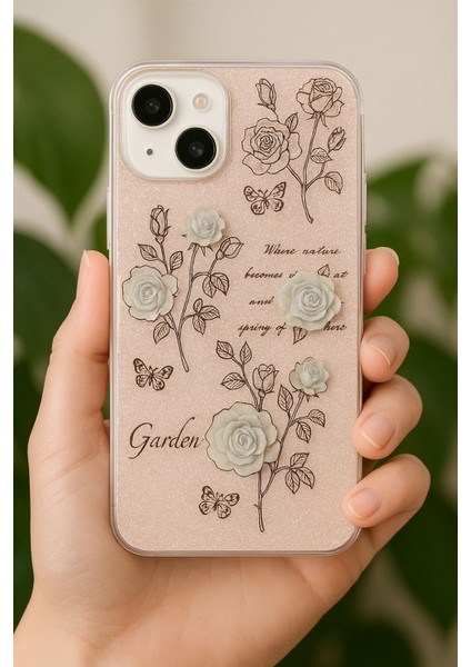 Apple iPhone 15 Uyumlu Kılıf Simli Beyaz Gül Desenli Renkli Parlak Darbe Emici Kapak