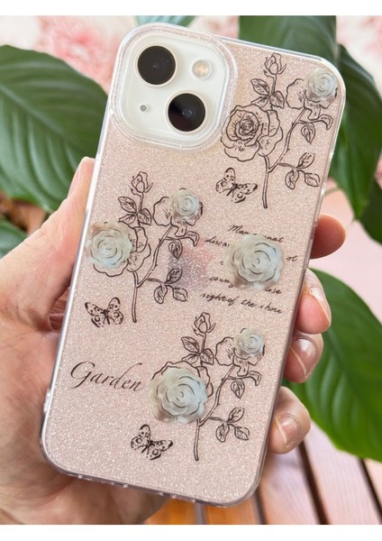 Apple iPhone 15 Uyumlu Kılıf Simli Beyaz Gül Desenli Renkli Parlak Darbe Emici Kapak fiyatları