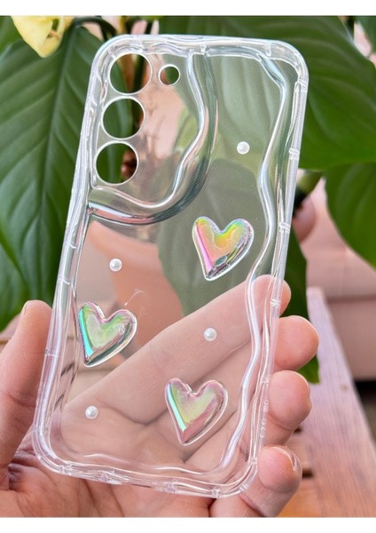 Samsung Galaxy S21 Fe Kılıf 3D Kalpli Inci Tasarımlı Desenli Kamera Korumalı Şeffaf Silikon Kapak