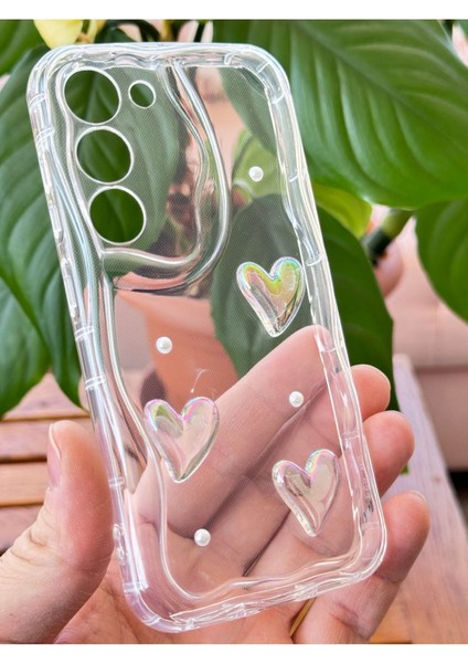 Samsung Galaxy S21 Fe Kılıf 3D Kalpli Inci Tasarımlı Desenli Kamera Korumalı Şeffaf Silikon Kapak