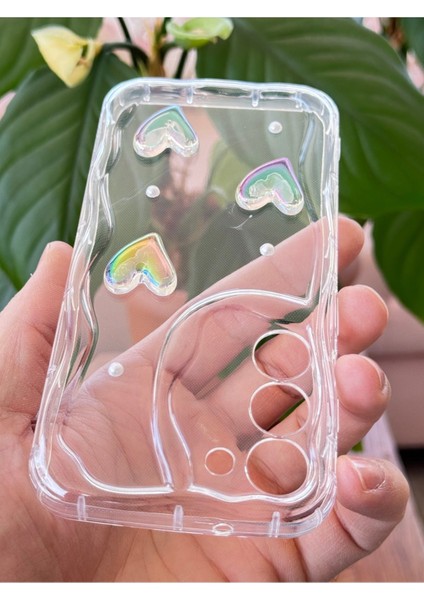 Samsung Galaxy S21 Fe Kılıf 3D Kalpli Inci Tasarımlı Desenli Kamera Korumalı Şeffaf Silikon Kapak