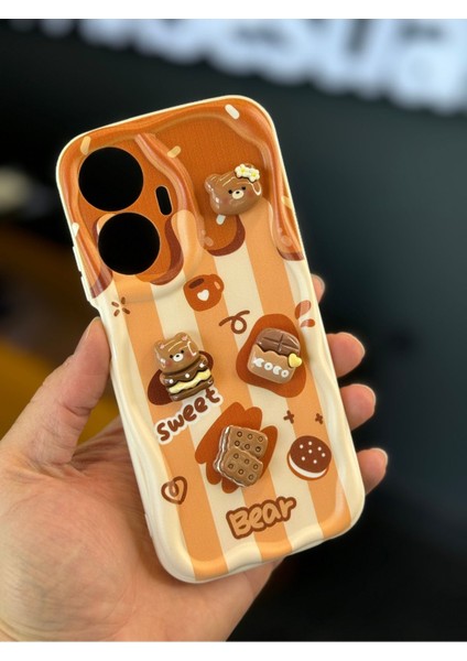 Realme C55 Uyumlu Kılıf Tasarımlı Desenli Kamera Korumalı Ayıcık Bisküvi Renkli Cofffe Silikon Kapak