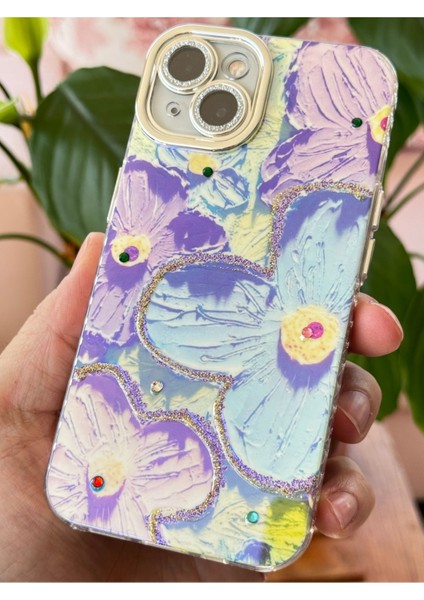 Apple iPhone 13 Kılıf Renk Değiştiren Taşlı Kamera Lens Korumalı Mavi Çiçek Desenli Darbe Emici Kapak