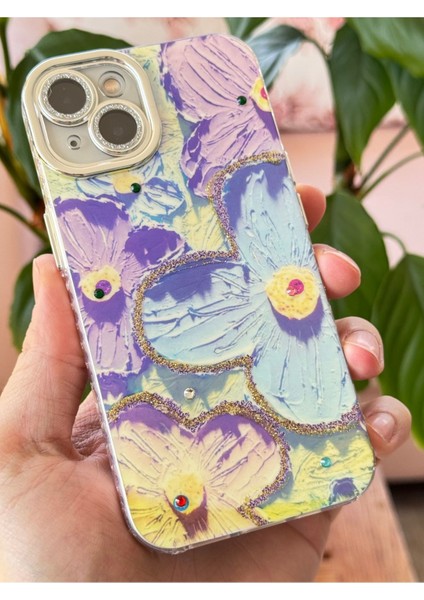 Apple iPhone 13 Kılıf Renk Değiştiren Taşlı Kamera Lens Korumalı Mavi Çiçek Desenli Darbe Emici Kapak